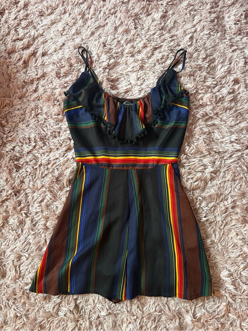 Voodoo Vixen Black Striped Pom Pom Romper Size Small - Picture 2 of 7